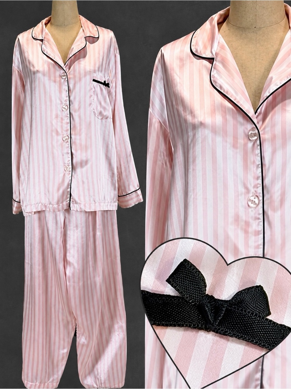 VINTAGE 2002 Victorias Secret signature pink stripe 2 piece pajama set pants y2k
